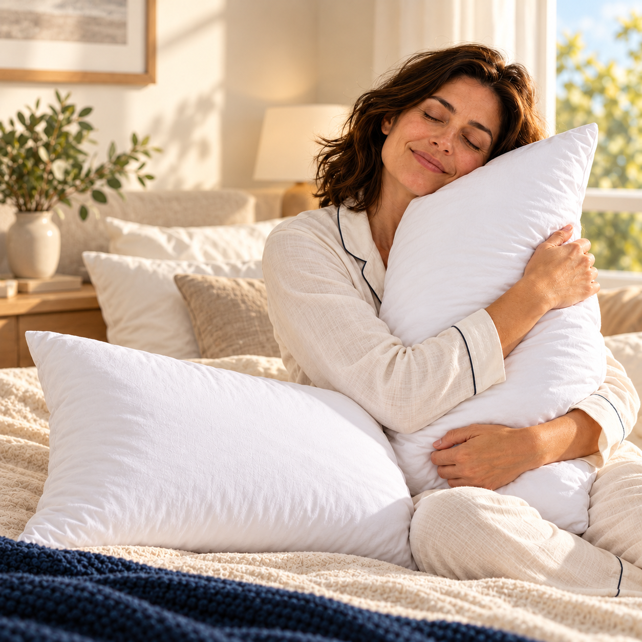 Una persona abrazando una almohada blanca junto a una ventana
